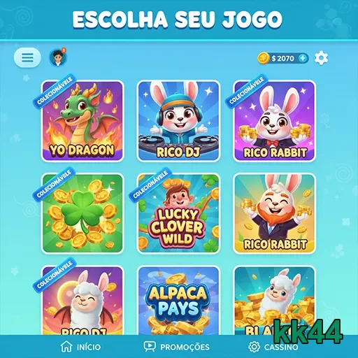 kk44 exibe uma tela de seleção de jogos em celular.