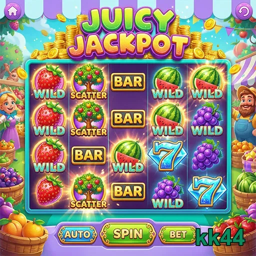 Visão do slot Juicy Jackpot no kk44, com símbolos de frutas.