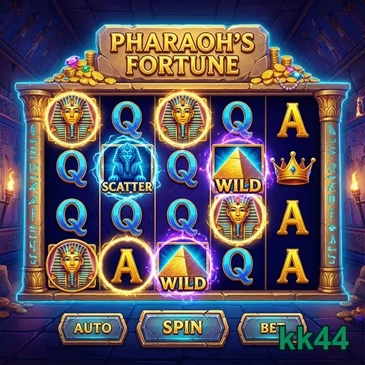 kk44 apresenta o jogo Pharaoh's Fortune com diversos símbolos.