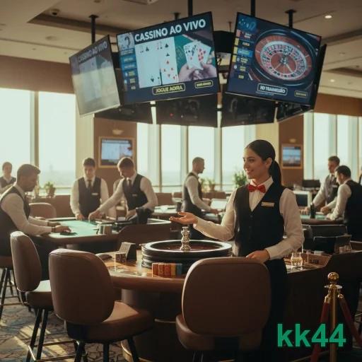 Atendente do kk44 em cassino ao vivo com telas de jogos.