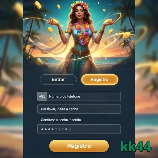 Tela de registro da kk44 com uma mulher atraente e moedas.