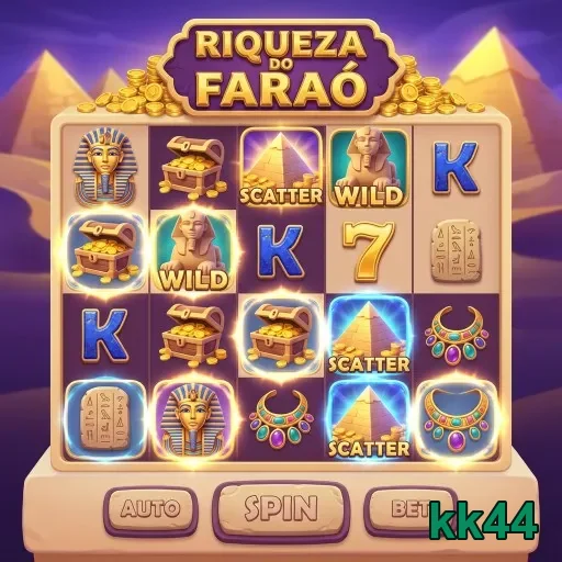 slot da Riqueza do Faraó na kk44 com símbolos egípcios.