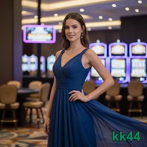 Modelo em vestido azul em cassino kk44, destacando segurança VIP.