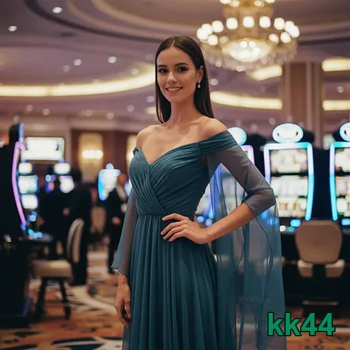 kk44 apresenta uma jogadora em casino com máquinas de slots ao fundo.